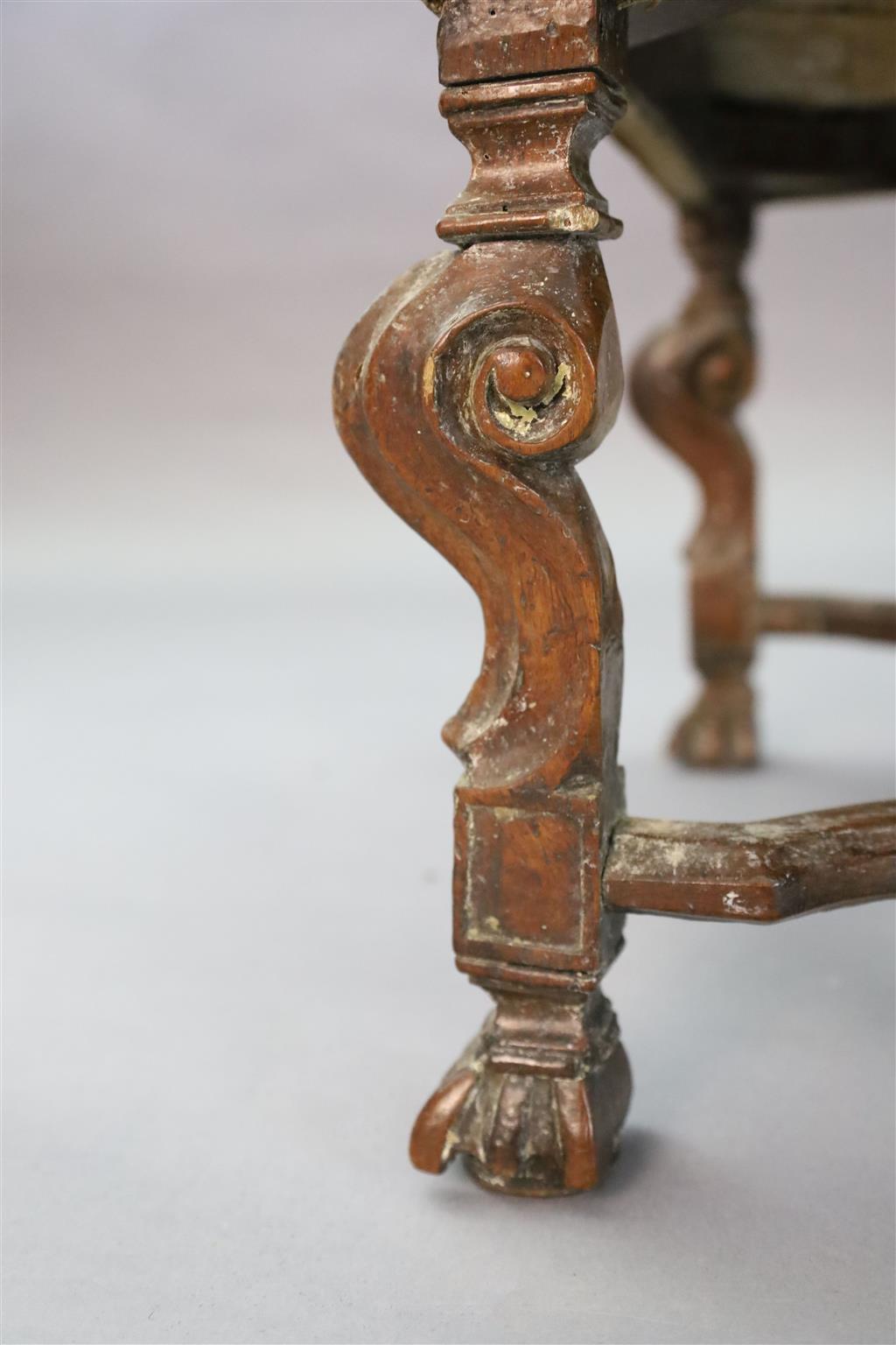 A late 17th century walnut dressing stool, W.1ft 8.5in. D.1ft 5in. H.1ft 4in.